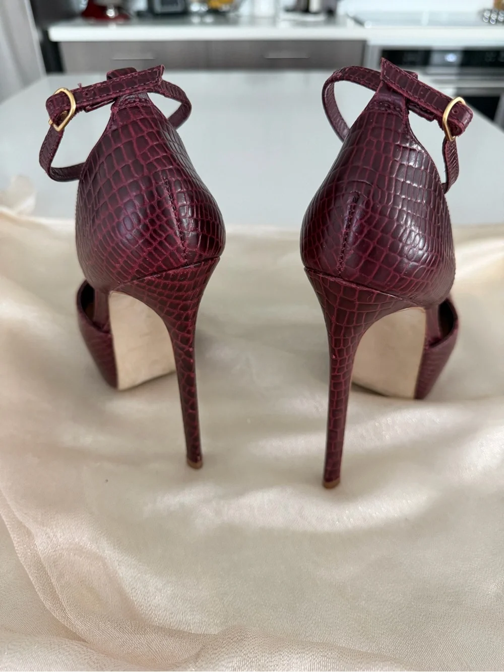 Steve Madden Wine Croc-Embossed T-Strap Heels
